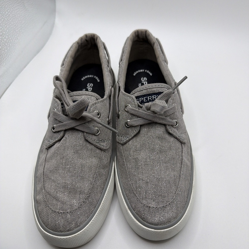 Sperry Womens 6.5 Gray Metallic Canvas‎ Lace Up Casual Sneakers Boat Shoe EUC